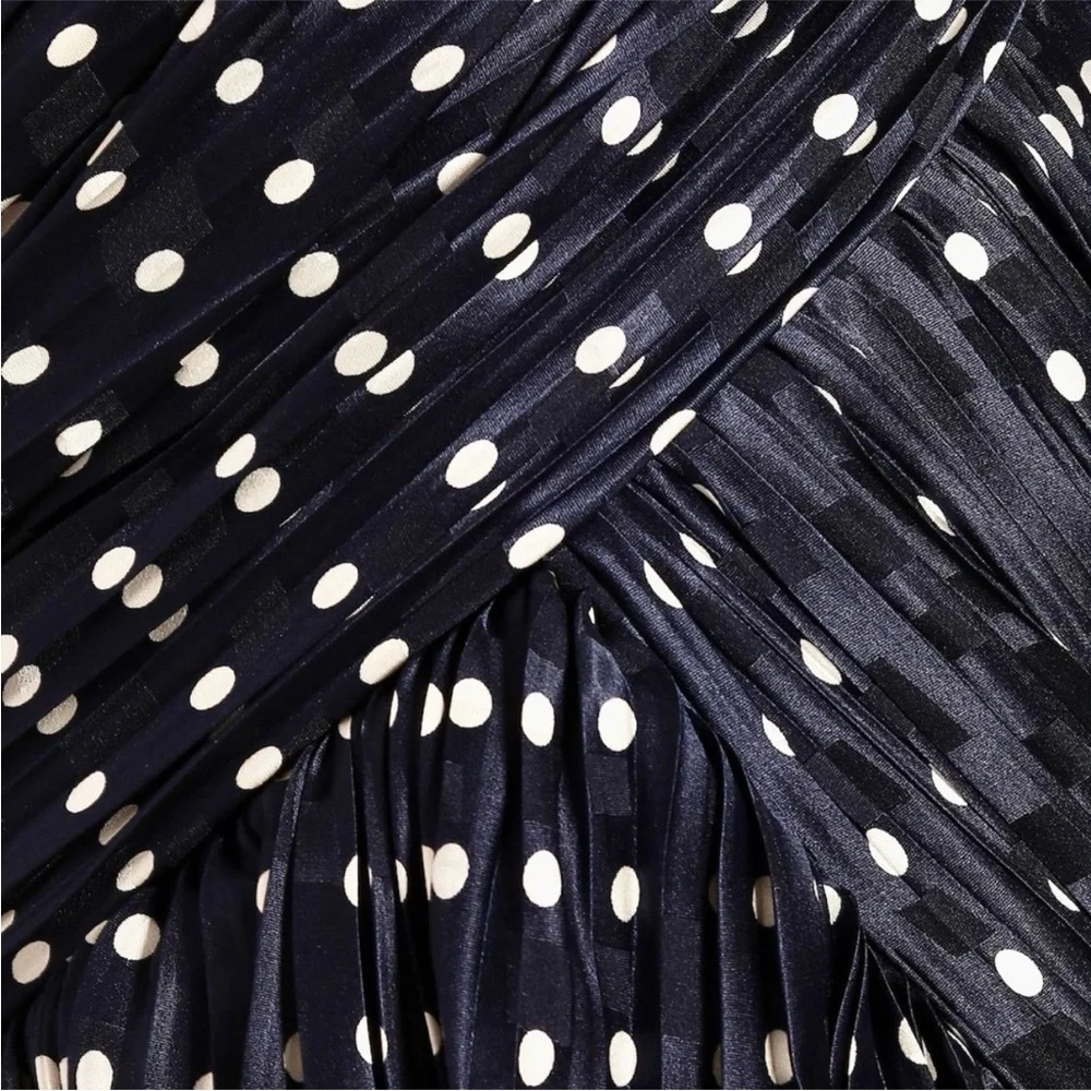 Tory Burch Bubble Skirt Side Ruched Mini in Navy Polka Dot Satin Silk